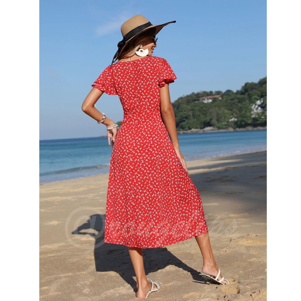 Boho Red Floral Square Neck Ruffle Hem Midi Length, A Line Button Up Dress - Picture 3 of 7